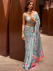 Stunning Grey Floral Printed Satin Event Wear Saree With Blouse