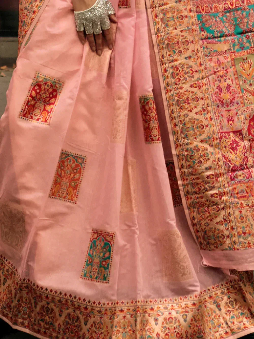 Pink designer lehenga with intricate patchwork and embroidery, perfect for Indian ethnic wear