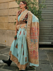 Beautiful Sky-Blue Zari Weaving Silk Function Wear Saree With Blouse
