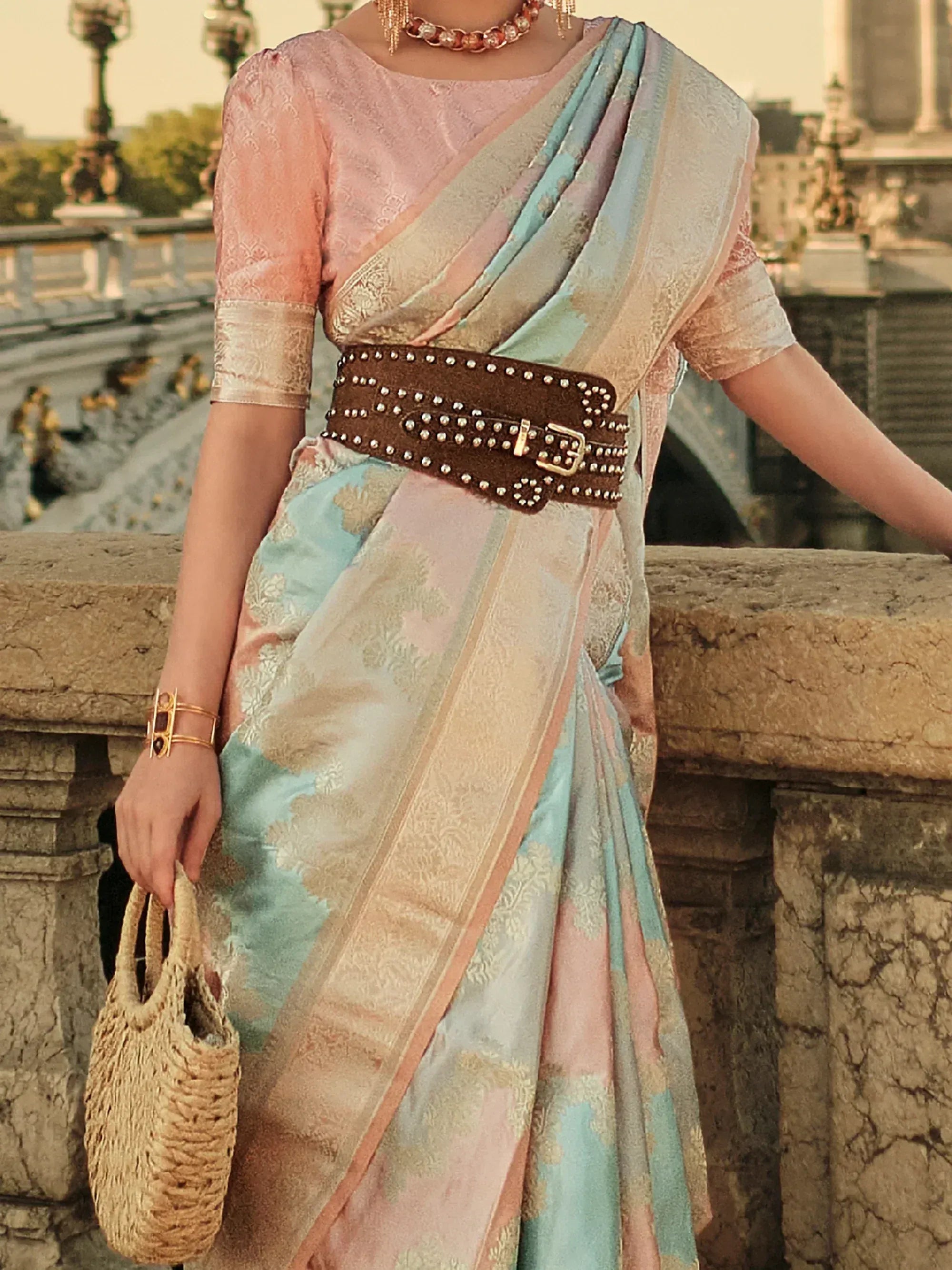 Pastel designer saree with studded belt, ethnic wear for women, stylish Indian fashion