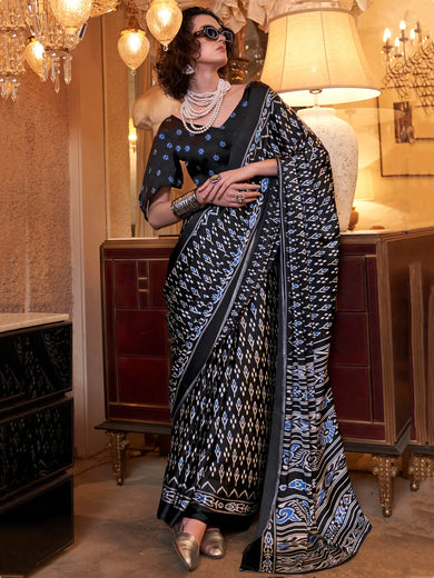 Tantalizing Black Digital Printed Satin Trendy Saree With Blouse