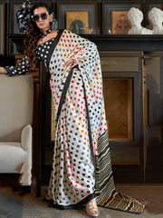 Incredible White Digital Printed Satin Office Wear Saree With Dupatta