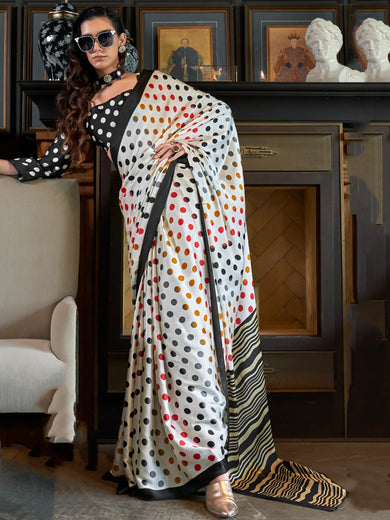 Incredible White Digital Printed Satin Office Wear Saree With Dupatta