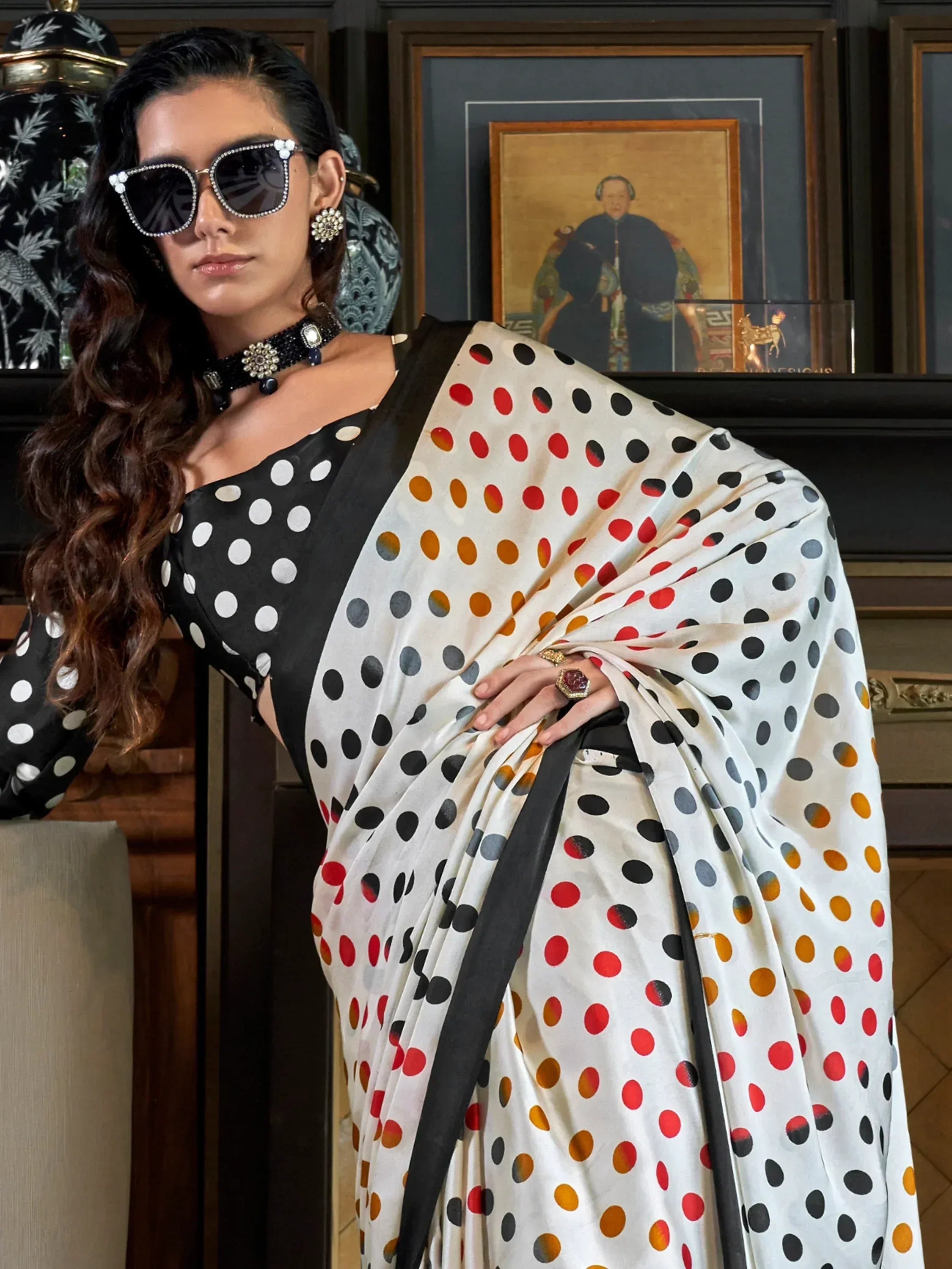 Incredible White Digital Printed Satin Office Wear Saree With Dupatta