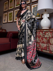 Gorgeous Cream Digital Printed Satin Event Wear Saree With Blouse