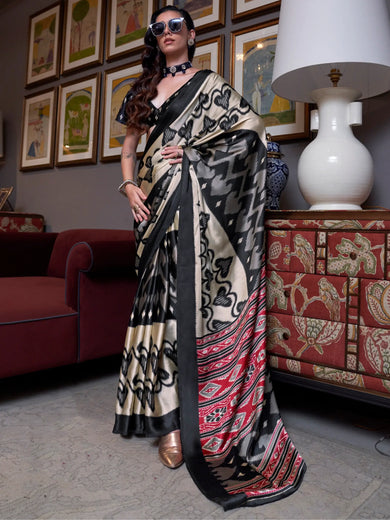 Gorgeous Cream Digital Printed Satin Event Wear Saree With Blouse