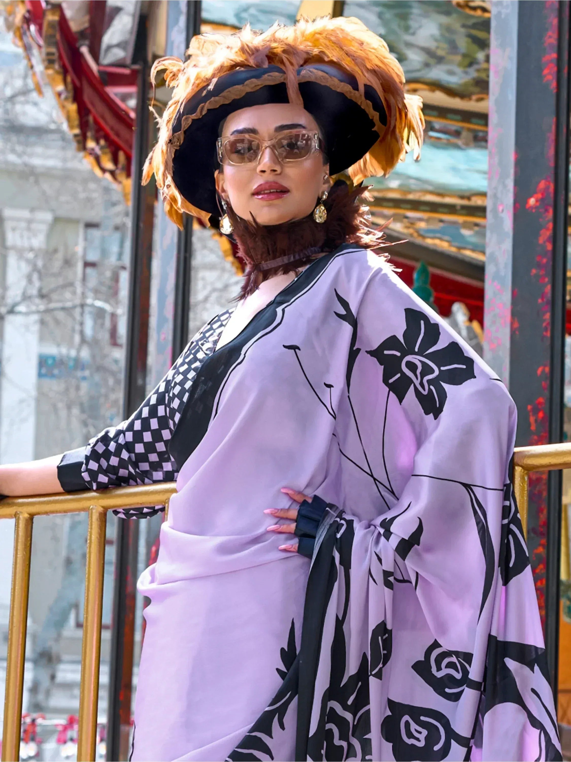 Appealing Lavender Color Printed Satin Casual Wear Saree With Blouse