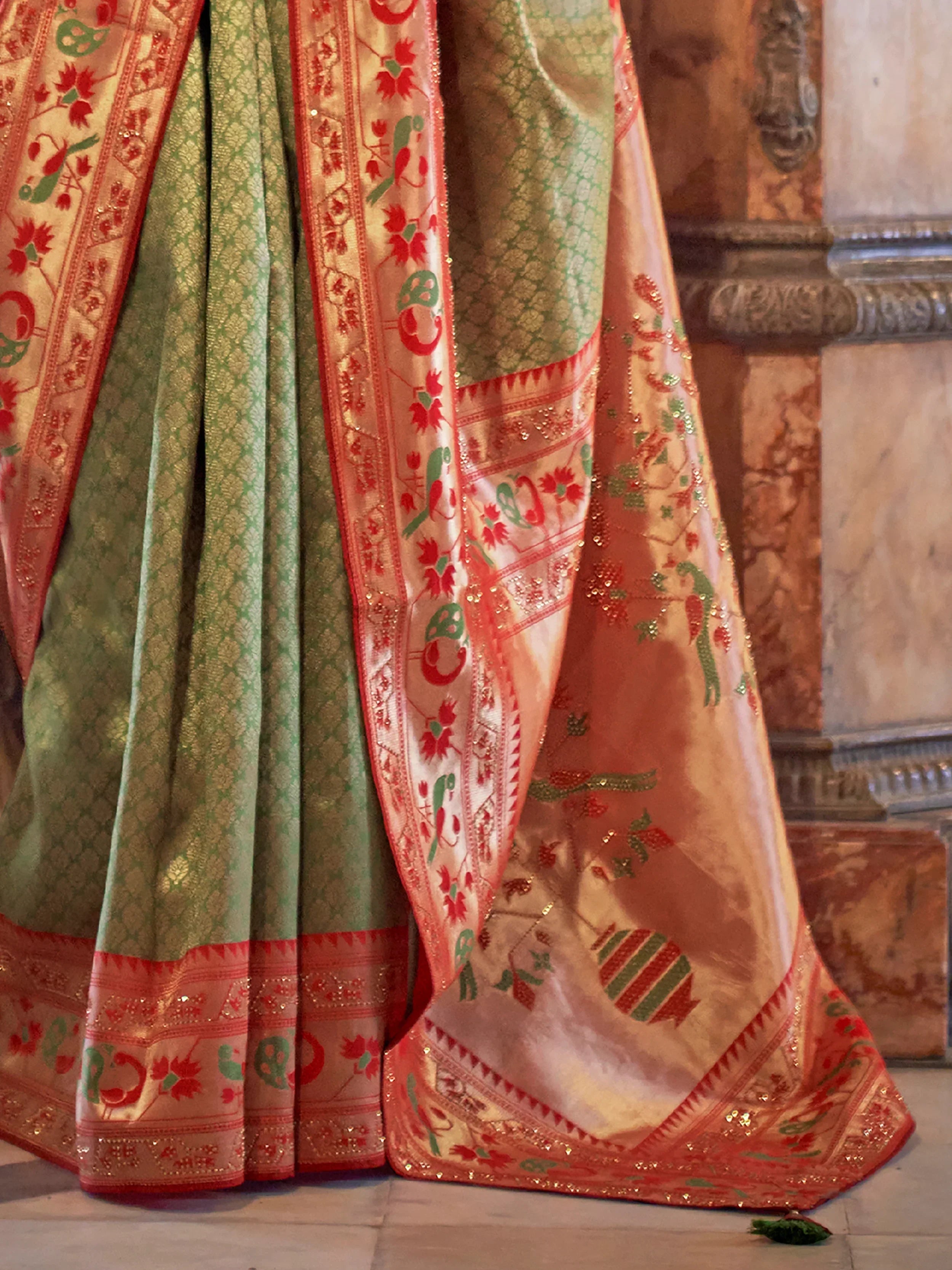 Excellent Green Zari Woven Silk Wedding Wear Saree With Blouse