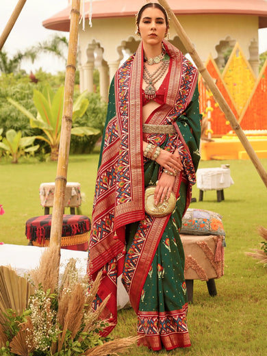 Spectacular Green Patola Printed Silk Wedding Wear Saree With Blouse