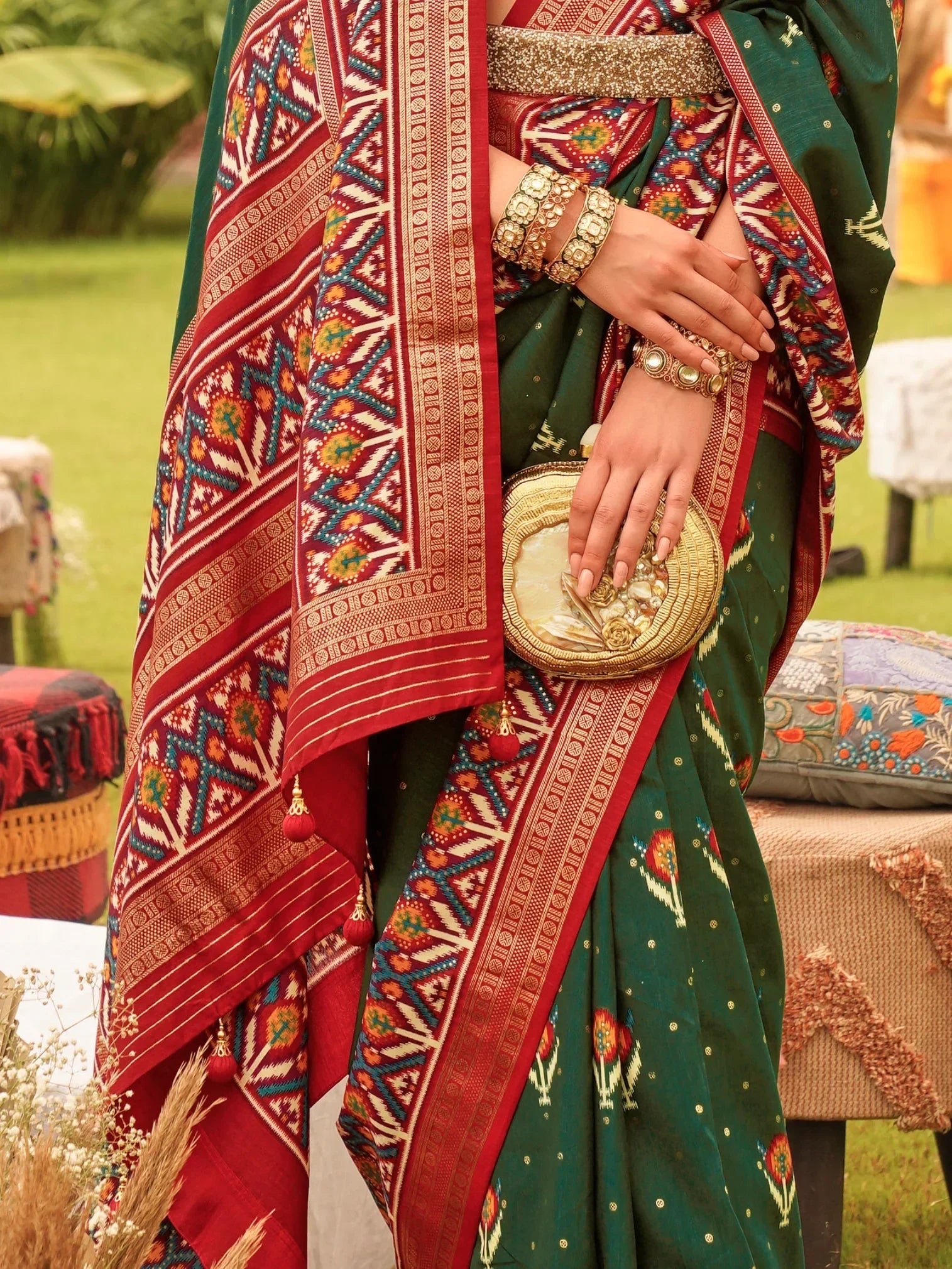 Spectacular Green Patola Printed Silk Wedding Wear Saree With Blouse