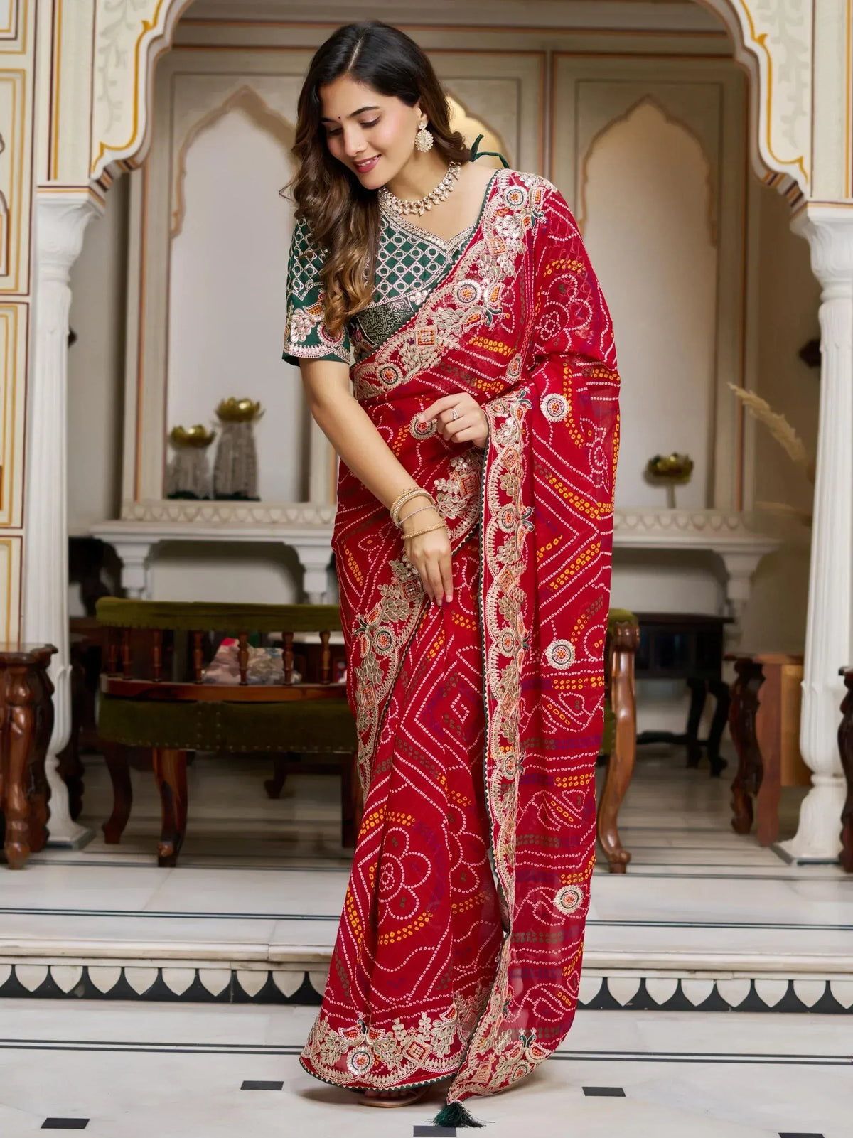 Red embroidered saree with green blouse, Indian ethnic wear for women, traditional designer saree