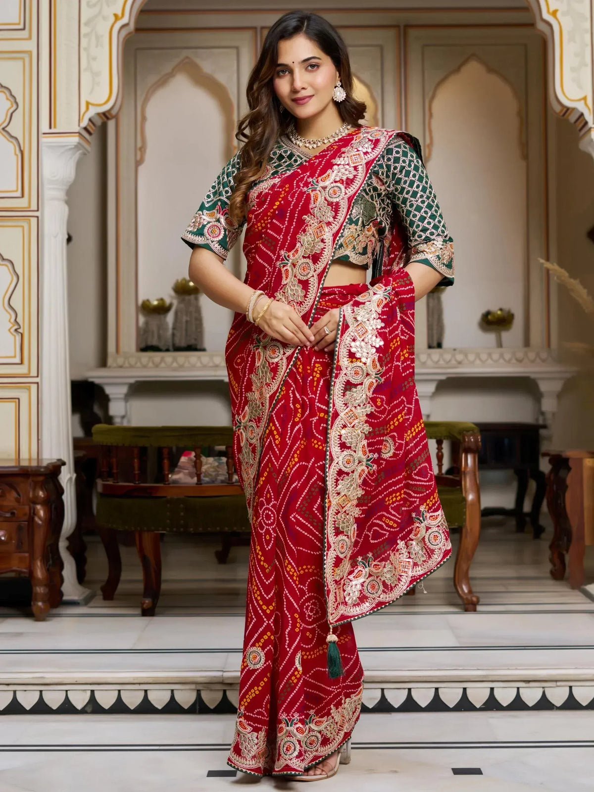 Red embroidered saree with green blouse, Indian ethnic wear for women, traditional designer saree