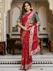 Attractive Red Bandhani Printed Wedding Wear Saree With Blouse