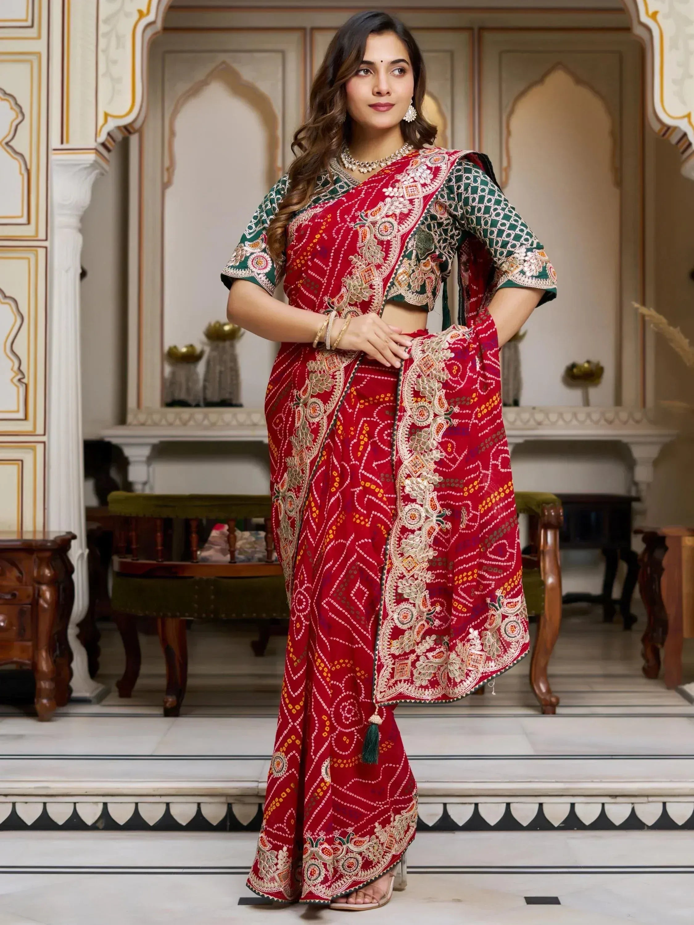 Red embroidered saree with green blouse, Indian ethnic wear for women, traditional designer outfit
