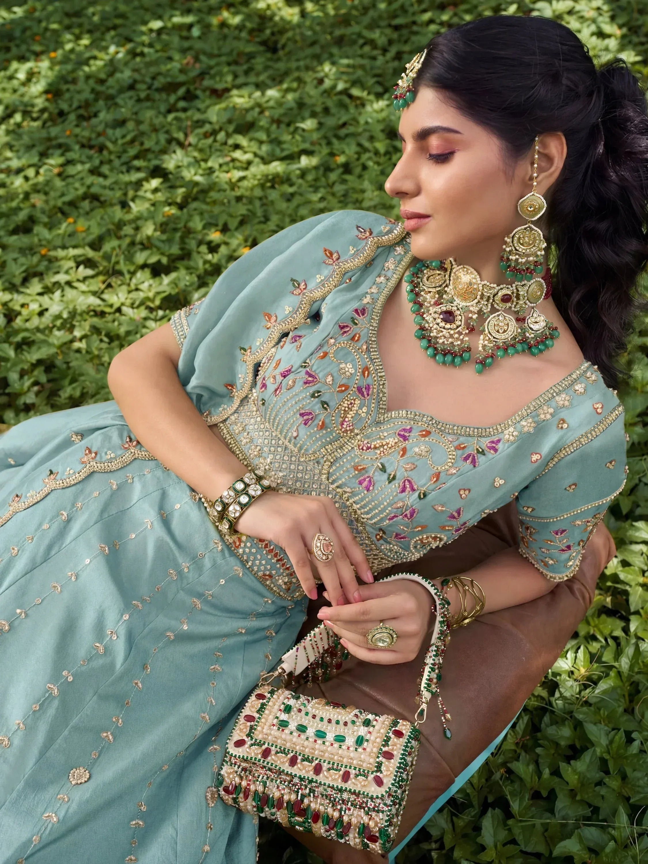 Elegant Dusty Sky Blue Stone Work Silk Bridesmaids Lehenga Choli With Dupatta