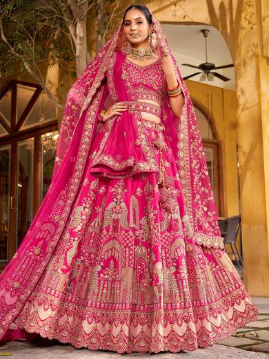 Superb Pink Embroidered Silk Bridal Wear Lehenga Choli With Double Dupatta