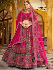 Amazing Rani Pink Zarkan Work Silk Bridal Lehenga Choli With Double Dupatta