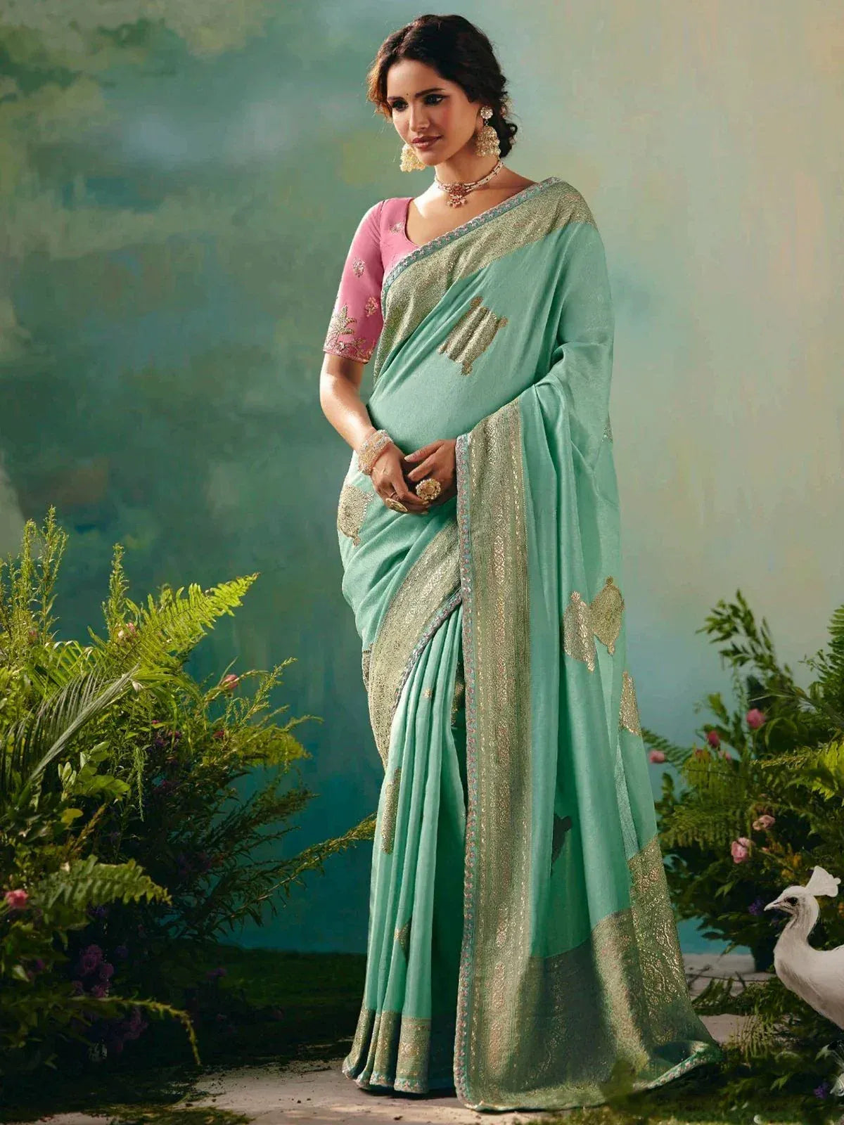 Mint green designer saree with gold embroidery, pink blouse, perfect for Indian ethnic occasions