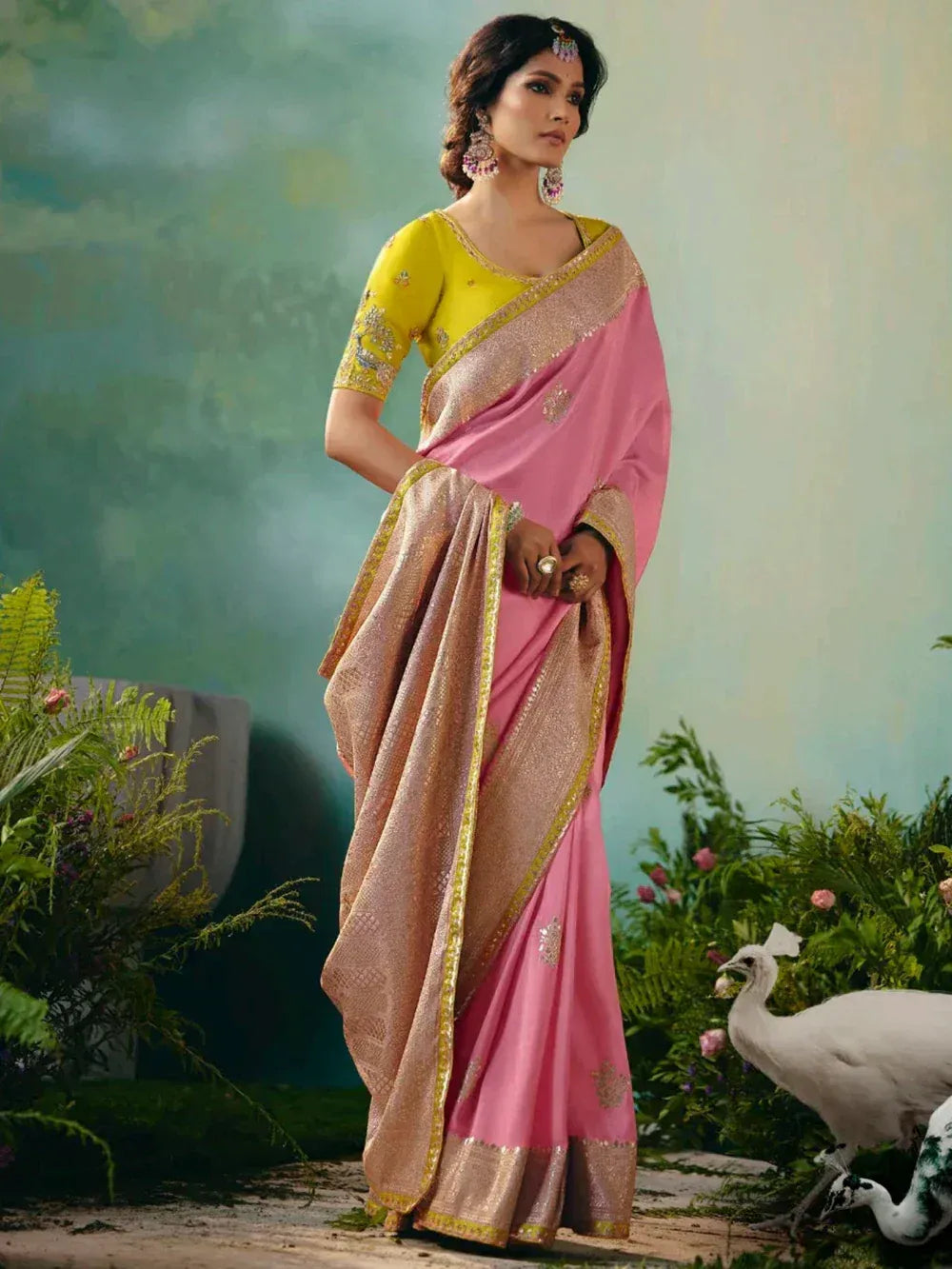 Pink and gold embroidered saree with yellow blouse, perfect for Indian ethnic occasions
