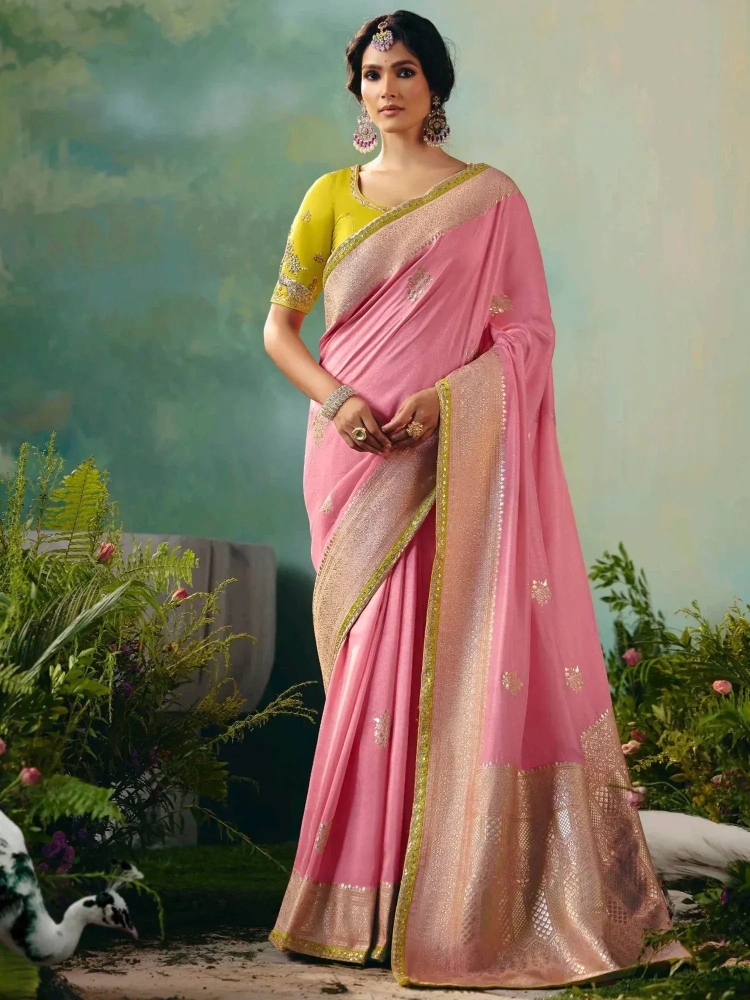 Pink designer saree with gold border and yellow blouse, ethnic Indian wear for women