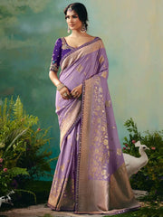 Awesome Lavender Hand Work Tissue Engagement Wear Saree With Blouse