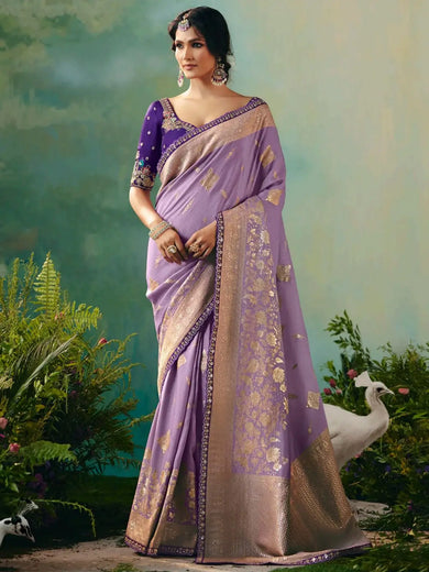 Awesome Lavender Hand Work Tissue Engagement Wear Saree With Blouse