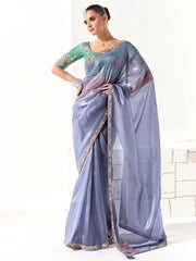 Mesmerizing Dusty Blue Border Work Tissue Silk Engagement Wear Saree