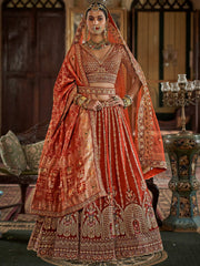 Good-looking Orange Pearl Work Silk Bridal Lehenga Choli With Double Dupatta