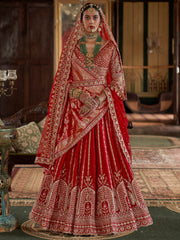 Bewitching Red Thread Work Silk Bridal Lehenga Choli With Double Dupatta