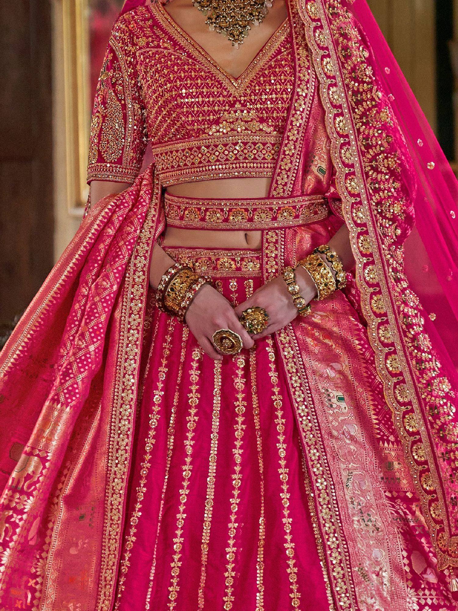 Pink bridal lehenga choli with heavy gold embroidery and matching dupatta, Indian ethnic wear