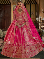 Fantastic Pink Pearl Work Silk Bridal Lehenga Choli With Double Dupatta