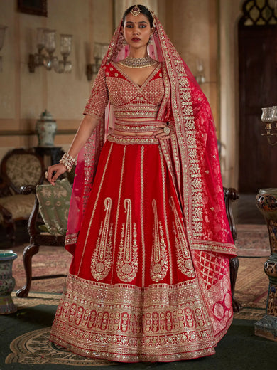 Mesmerizing Red Zari Work Silk Bridal Lehenga Choli With Double Dupatta