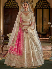 Precious Off-White Thread Work Silk Bridal Lehenga Choli With Double Dupatta