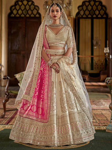 Precious Off-White Thread Work Silk Bridal Lehenga Choli With Double Dupatta