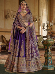 Lovely Purple Pearl Work Silk Bridal Wear Lehenga Choli With Double Dupatta