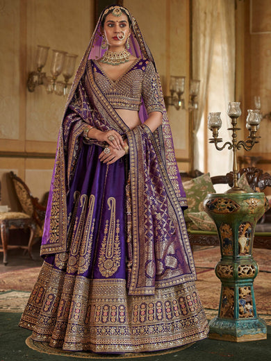 Lovely Purple Pearl Work Silk Bridal Wear Lehenga Choli With Double Dupatta