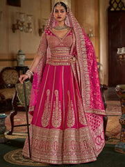 Beautiful Hot Pink Sequins Silk Bridal Lehenga Choli With Double Dupatta