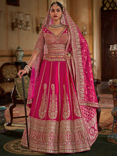 Beautiful Hot Pink Sequins Silk Bridal Lehenga Choli With Double Dupatta