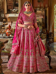 Adorable Pink Embroidered Silk Bridal Wear Lehenga Choli With Double Dupatta