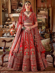 Elegant Red Sequins Silk Bridal Wear Lehenga Choli With Double Dupatta
