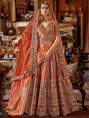 Outstanding Orange Pearl Work Silk Bridal Lehenga Choli With Double Dupatta