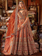 Outstanding Orange Pearl Work Silk Bridal Lehenga Choli With Double Dupatta