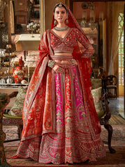 Wonderful Pink & Red Sequins Silk Bridal Wear Lehenga Choli With Double Dupatta