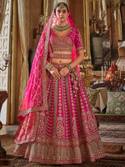 Gorgeous Pink Embroidered Silk Bridal Wear Lehenga Choli With Double Dupatta