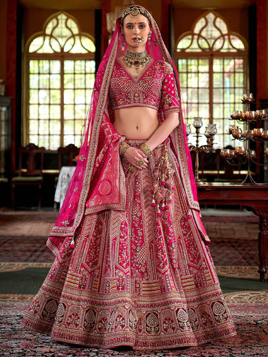 Charming Pink Thread Work Silk Bridal Wear Lehenga Choli With Double Dupatta