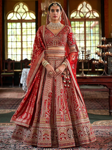 Pretty Red Sequins Silk Bridal Wear Lehenga Choli With Double Dupatta