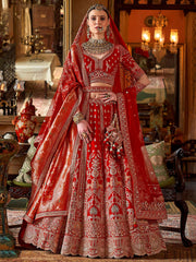 Attractive Red Embroidered Silk Bridal Lehenga Choli With Double Dupatta