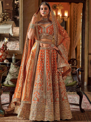 Enchanting Orange Prarl Work Silk Bridal Wear Lehenga Choli With Double Dupatta