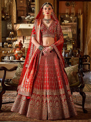 Sophisticated Red Pearl Work Silk Bridal Wear Lehenga Choli With Double Dupatta