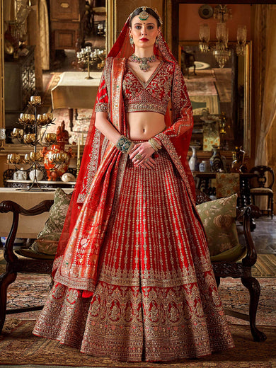 Sophisticated Red Pearl Work Silk Bridal Wear Lehenga Choli With Double Dupatta